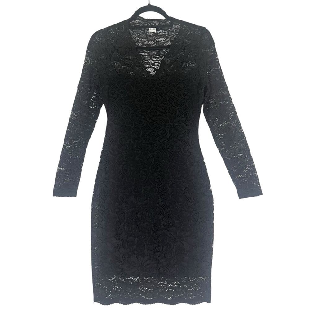 Venus Black Lace Overlay Mini Dress Womens Small Long Sleeve Holiday LBD